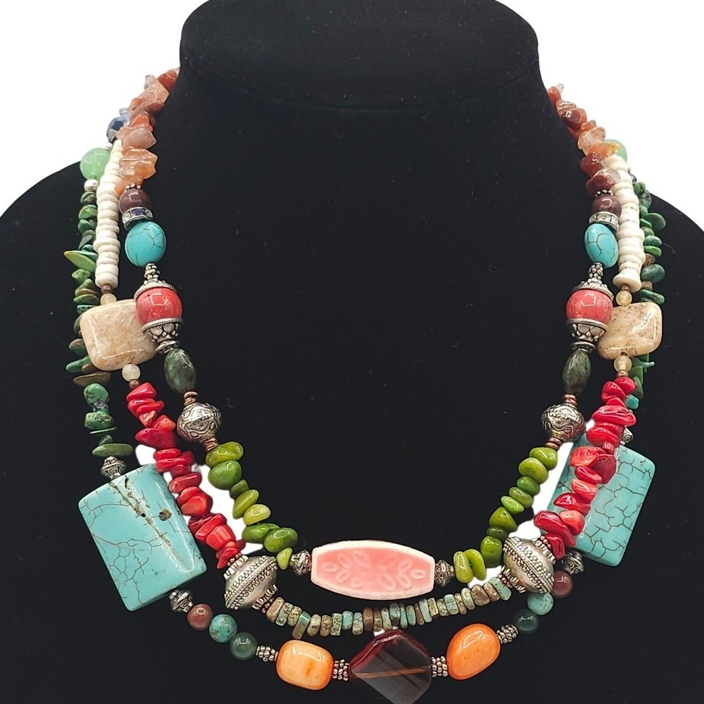 Multi Strand Beaded Statement Necklace Colorful Bohemian Mixed Media